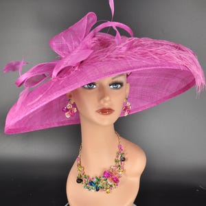 Fuchsia Hot Pink Wide Brim Sinamay Hat Church Kentucky Derby Hat Carriage Tea Party Wedding  Rhinstones  Sinamay Bow Ostrich Feather