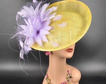 Yellow Lavender Kentucky Derby Fascinator Hat, Feather Race Day Hat, Royal Ascot Wedding Hat, Tea Party Church Hat, Mother of the Bride