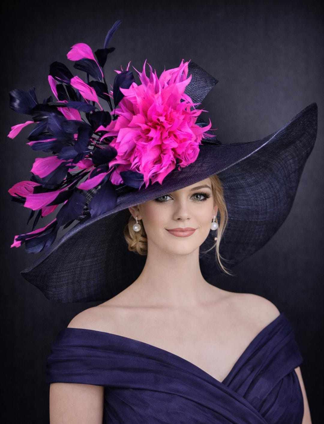 Navy Blue Fuchsia Pink Feather Flower Wide Brim Kentucky Derby Hat ...