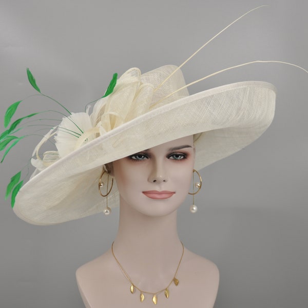 Church Kentucky Derby Hat Carriage Tea Party Wedding Wide Brim Woman's Hat in Solid Sinamay Hat Off White/Ivory+ More Colors Options