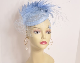 Powder Blue  Sinamay w Goose and Rooster Feather Flowers Fascinator Hat  Made On A Same Color Headband Many Colorful Feathers Available