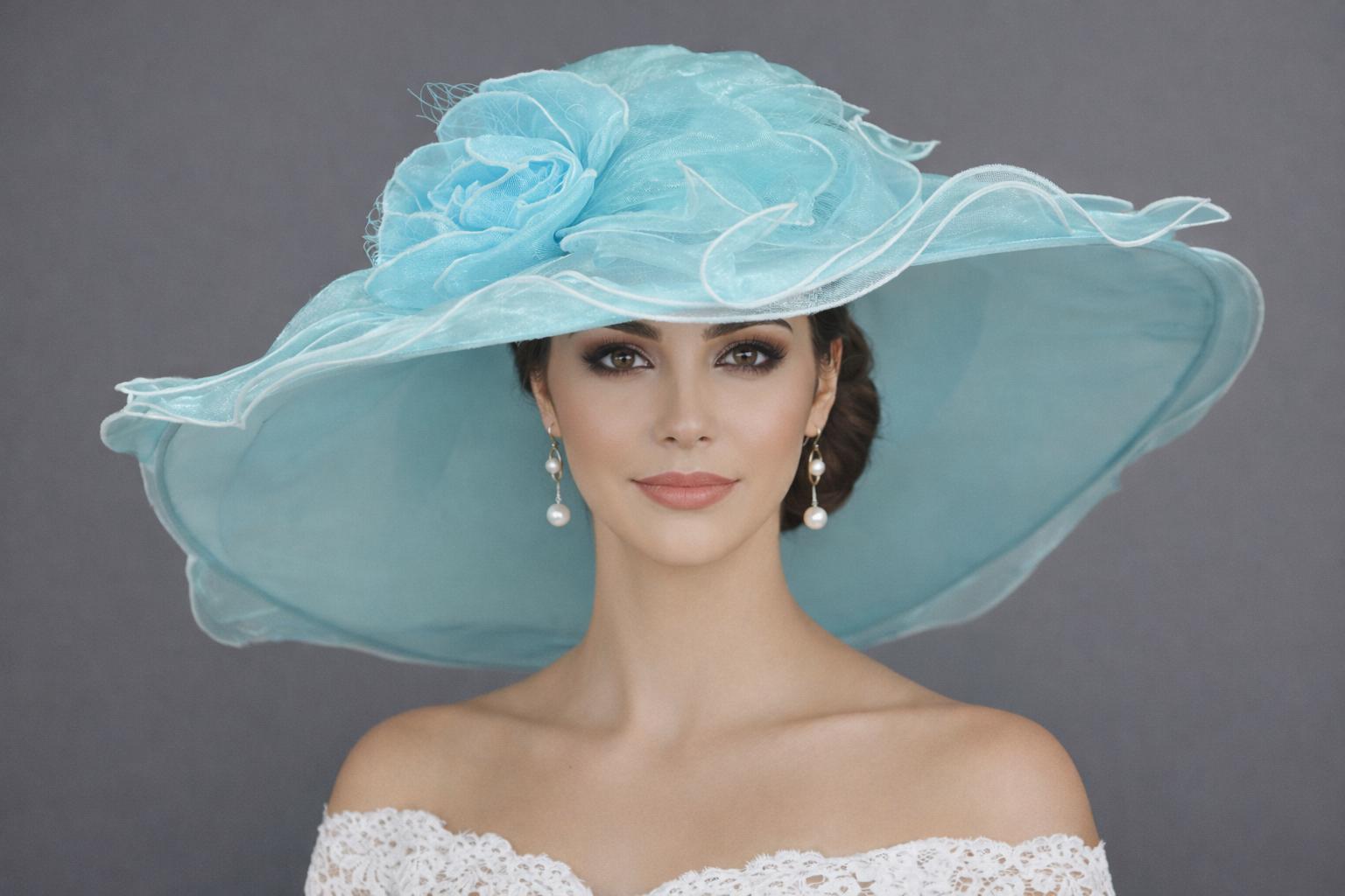 Light Blue Organza Derby Hat, Wide Brim, Bow & Flower - Etsy display picture 1