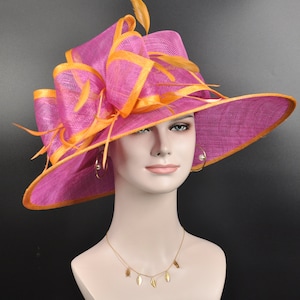Church Kentucky Derby Hat Carriage Tea Party Wedding Wide Brim  Royal Ascot Hat in Solid Sinamay Hat Hot Pink w Orange