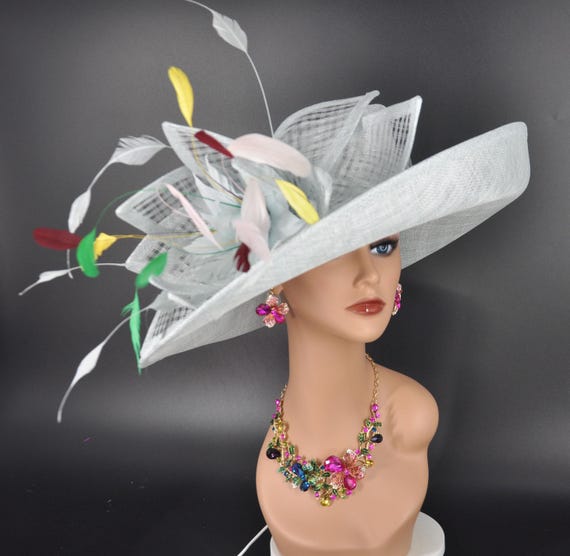 Wide Brim Sinamay Derby Hat, Feather Accent, Tea Party  display picture 2