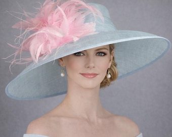 Powder Blue Pink Feather Flowers Wide Brim Kentucky Derby Hat, Ascot Hat for Wedding Tea Party, Garden Party Hat, Mother of the Bride,Church