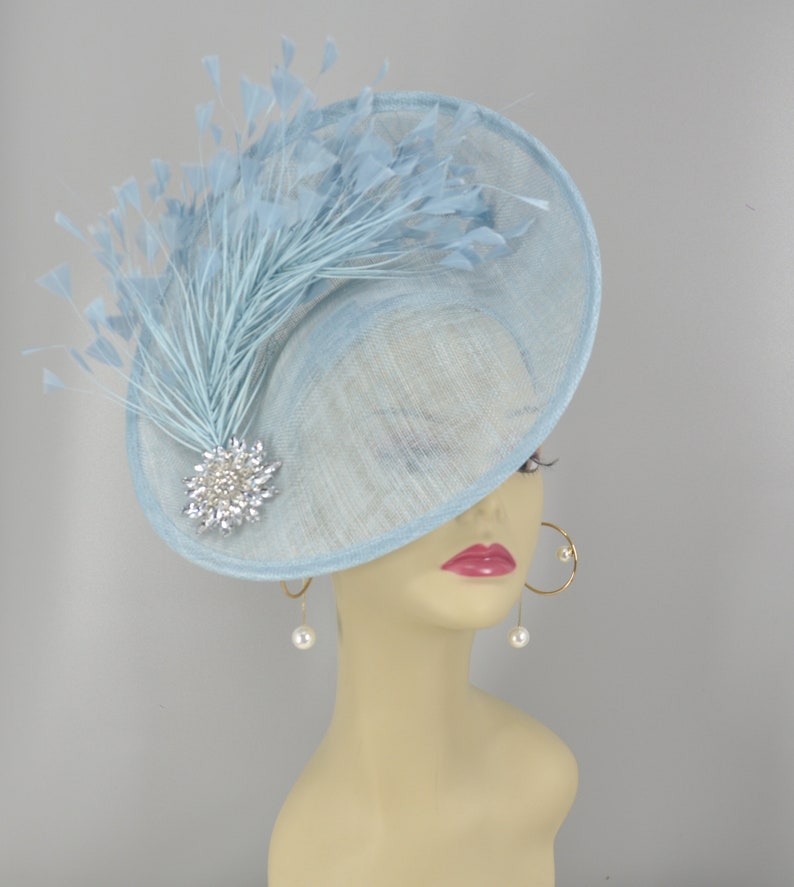 May include: A light blue hat with a large brim and a feather accent. The hat is decorated with a sparkly brooch.