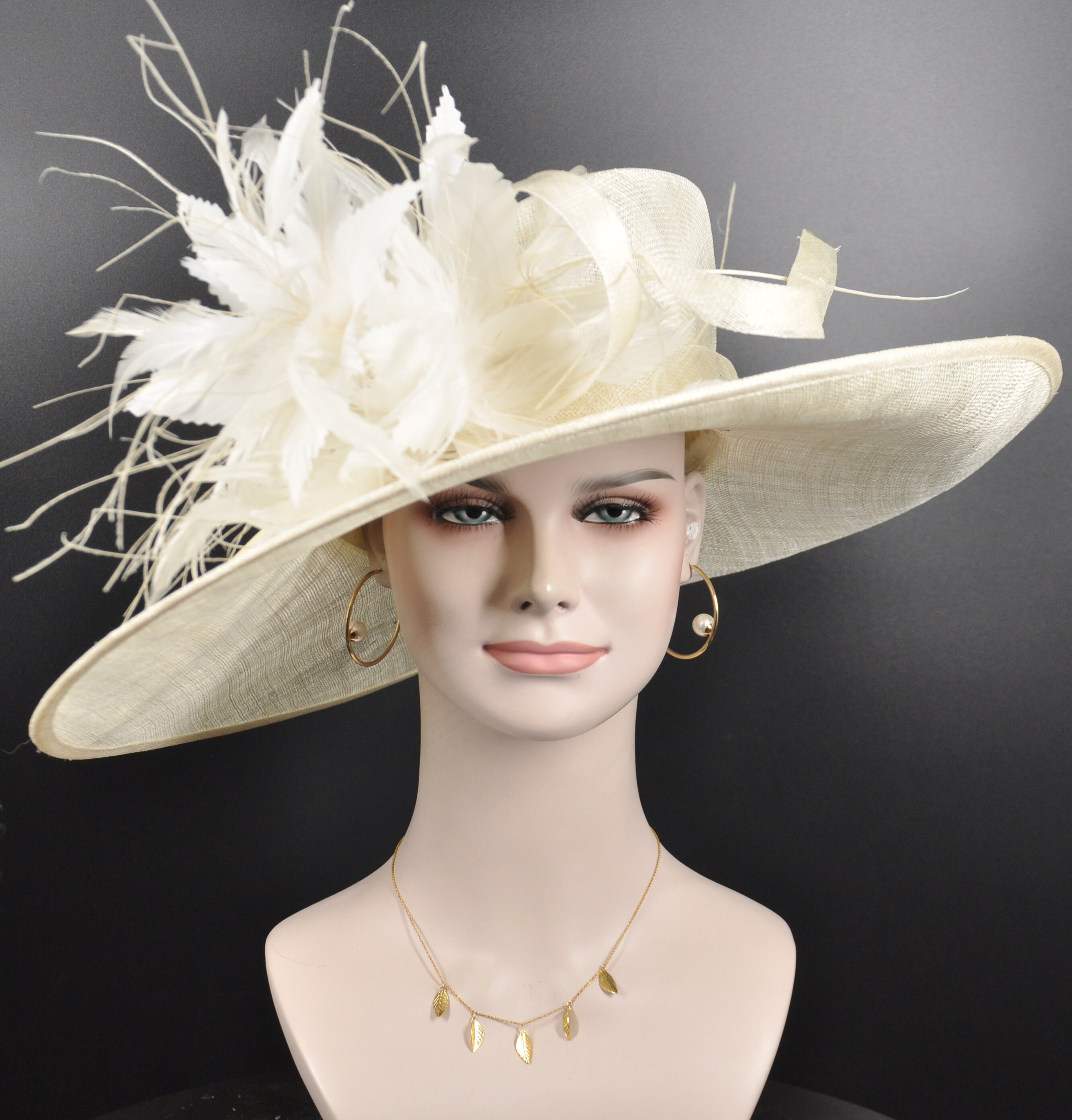 Ivory Feather Flower Wide Brim Kentucky Derby Hat, Ascot Hat  display picture 2