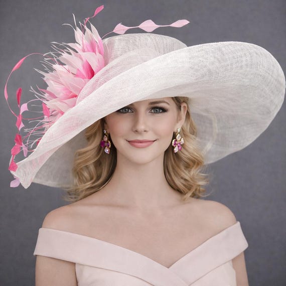 White With Pink Feather Flower Wide Brim Kentucky Derby Hat  display picture 2