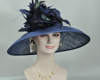 Navy Blue  w Feather Flowers  Kentucky Derby Hat ,Tea Party Carriage Party  Royal AscotWide Brim  Sinamay Hat