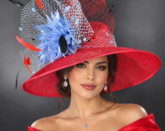 Red Black Light Blue Veils Kentucky Derby Hat, Wide Brim Race Day Hat, Royal Ascot Wedding Hat, Tea Party Mother of the Bride Hat