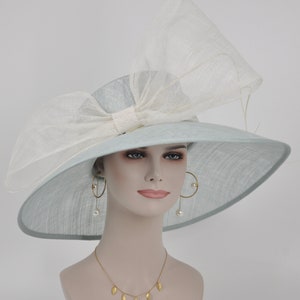 Church Kentucky Derby HatCarriage Tea Party Wedding Wide Brim  Royal A Hat  Sinamay Hat Powder Blue w White Bow Quills