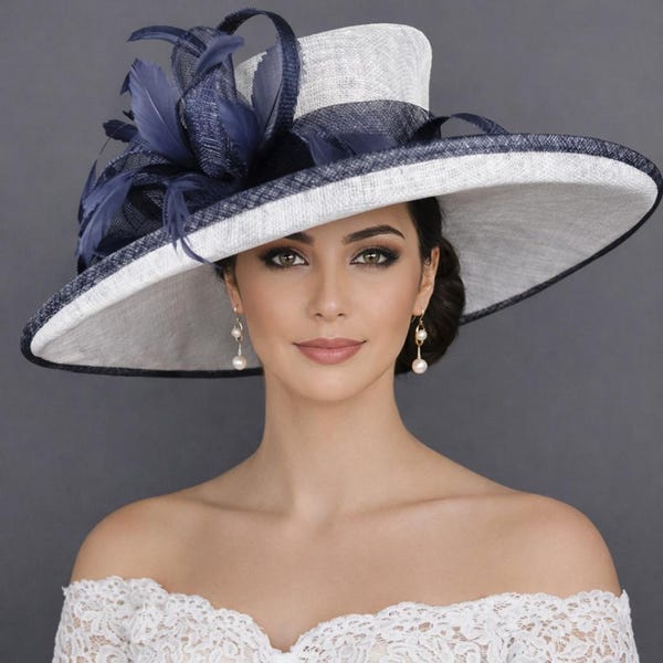 Navy White Wide Brim Kentucky Derby Hat, Ascot Hat for Wedding & Tea Party, Garden Party Hat, Mother of the Bride, Church