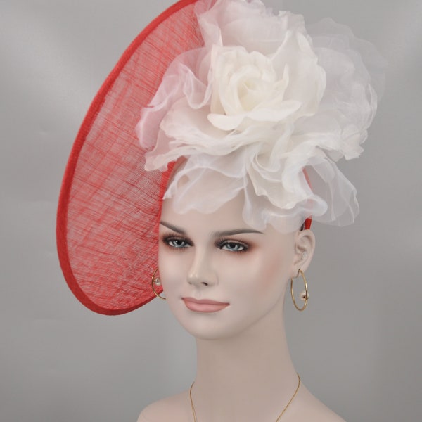 Red+ White( More color options) Silk Flower Sinamay Saucer w Upturned Brim Hat  Kentucky Derby Hat Shape 16.14 Diameter