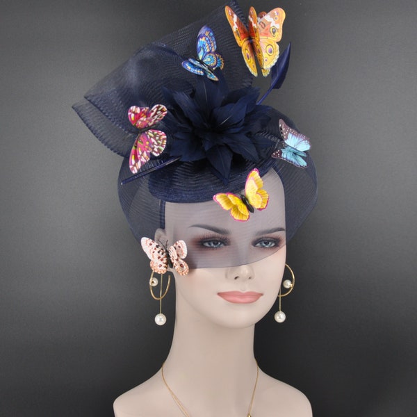 Kentucky Derby Hochzeit Feder w Schmetterlinge Blumen Organza w Sinamay Stirnband Fascinator Hut Cocktail Navy BLue