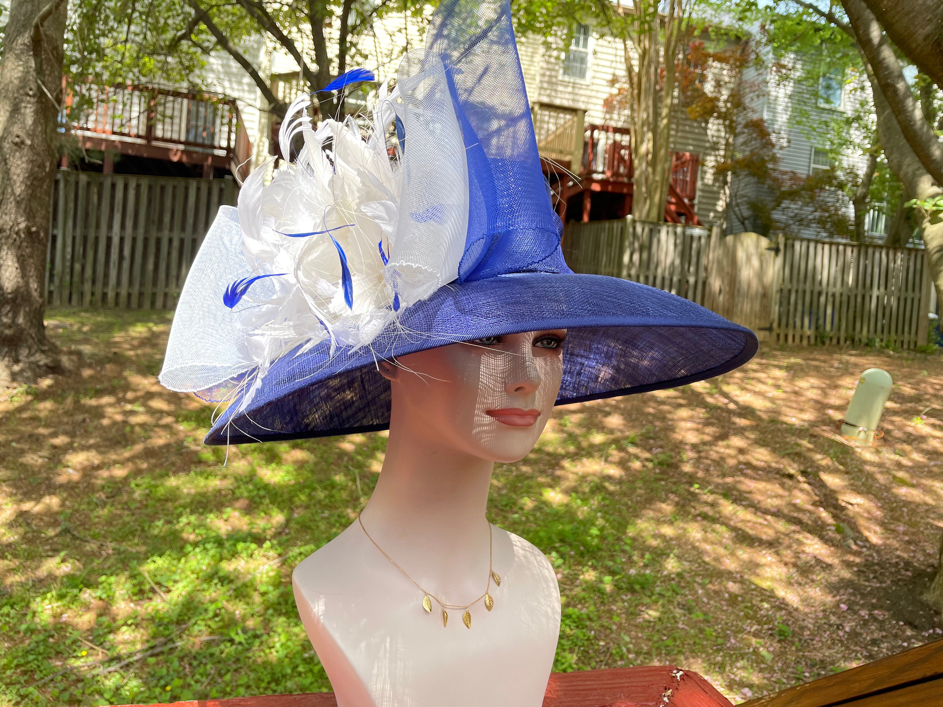 KY Derby Royal Wildcat Blue Feather Sinamay Disc Hat Wide Brim Formal Fascinator SD17( White/royal Blue )kentucky Derby Hat, Church Hat  main image 3