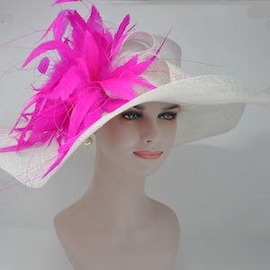 White w Hot Pink  Feather Flower Kentucky Derby Hat, Church Hat, Wedding Hat, Easter Hat, Tea Party Hat Wide Brim Woman&#39;s Sinamay  Hat