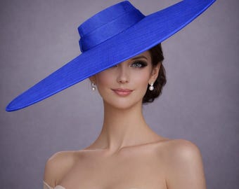Tocado de sinamay de ala ancha azul real, sombrero Ascot Royal para boda, día de carreras, fiesta del Derby de Kentucky, sesión de fotos en estudio para la madre de la novia