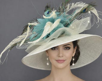 Wide Brim Sinamay Derby Hat: Ivory, Turquoise Feather  display picture 1