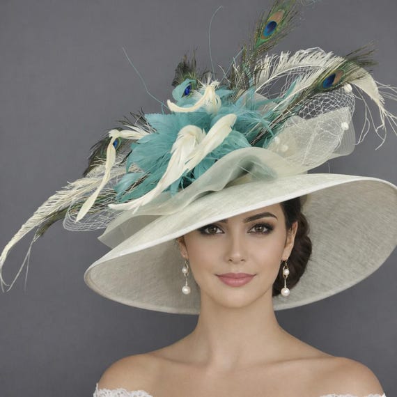 Wide Brim Sinamay Derby Hat: Ivory, Turquoise Feather  display picture 1