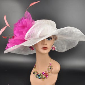 White w Fuchsia Coral Pink Jumbo Silk Flower, Kentucky Derby hat, Church hat, Wedding hat, Tea Party hat ,Floppy Wide Brim Sinamay Dress Hat