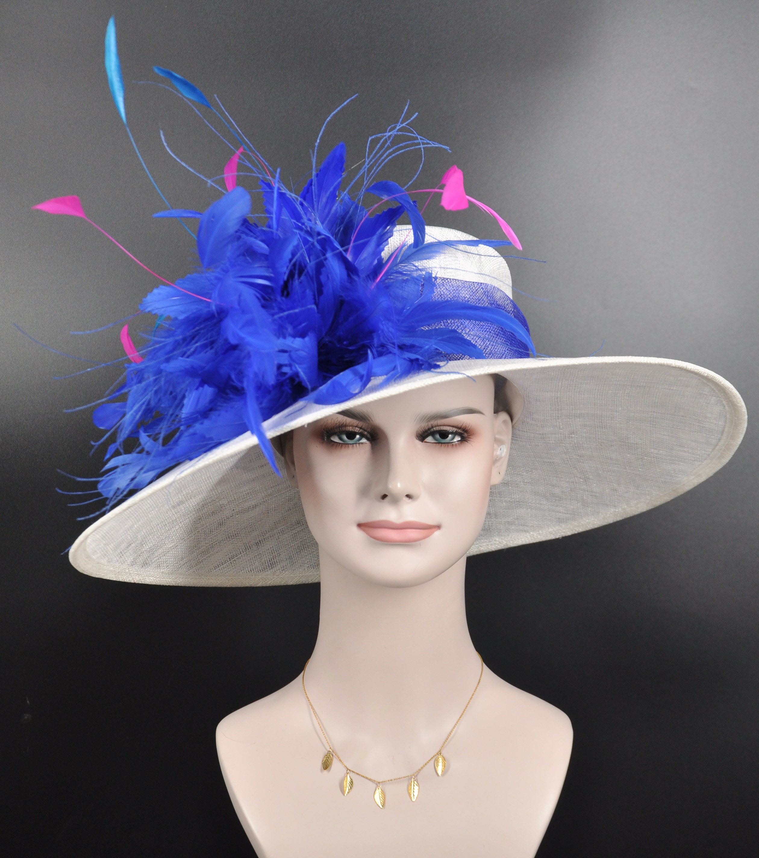 Estate Royal Blue Kentucky Derby Wide Brim Hat Mesh Floral Feather White Royal Blue Feather Flower Wide Brim Kentucky Derby Hat  main image 3