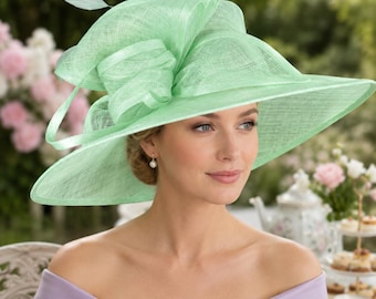Mint Green Three Layer Wide Brim Sinamay Hat Kentucky Derby Hat Wedding Church Tea Party Garden Party Ascort Royal Party Hat