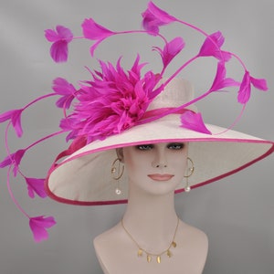 White w Fuchsia Kentucky Derby Hat, Church Hat, Wedding Hat, Easter Hat, Tea Party Hat Wide Brim Royal Ascot Horse Race Oaks day hat