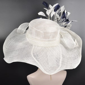 White w Navy Blue Feather Flower Kentucky Derby Hat, Church Hat, Wedding Hat, Easter Hat, Tea Party Hat Wide Brim Sinamay Hat image 4