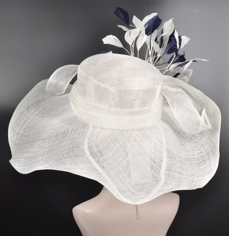 White w Navy Blue Feather Flower Kentucky Derby Hat, Church Hat, Wedding Hat, Easter Hat, Tea Party Hat Wide Brim Sinamay Hat image 4