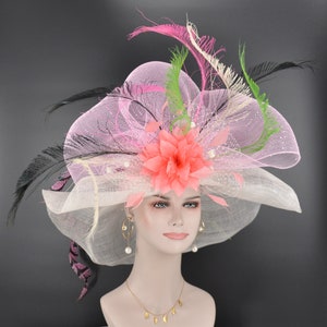 White w Pink Jumbo Bow and Feather Flowers Kentucky Derby Hat,  Tea Party Hat Wide Brim  Sinamay  Hat