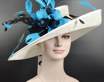 Church,  Kentucky Derby Hat, Carriage Tea Party Wedding Wide Brim Sinamay Hat Off White/Ivory w Teal Blue Black