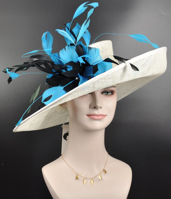 Wide Brim Feather Accent Hat White Wide Brim Sinamay Hat, Kentucky Derby, Feather  main image 4