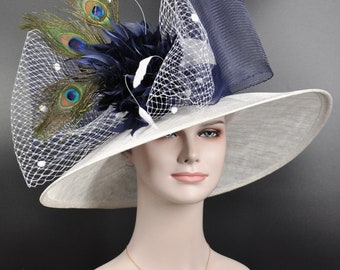 Church Kentucky Derby HatCarriage Tea Party Wedding Wide Brim  Royal Ascot Hat in Solid Sinamay Hat White w Navy Blue