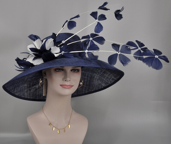 Navy Blue Feather Flower Derby Hat: Royal Ascot Tea Party  display picture 2