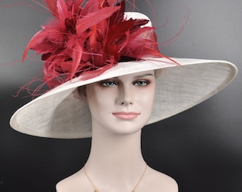Church Kentucky Derby Carriage Tea Party Wedding Wide Brim  Royal Ascot Hat in Solid Sinamay Hat White with Burgundy