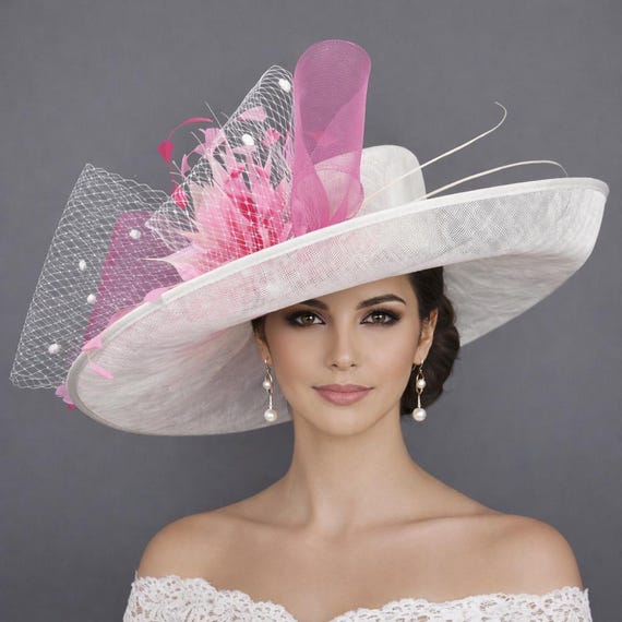 Kentucky Derby Hat Elegant Pink Wide-Brim Hat with Bow Oaks Ascot Tea Chruch M489( Light Pink Hat )Kentucky Derby Hat Church Hat Wedding  main image 2