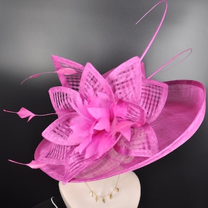 Church, Kentucky Derby Hat ,Carriage, Tea Party, Wedding, Wide Brim Sinamay Hat, Royal Ascot Hat, Horse Race Hat, Oaks day hat Hot Pink