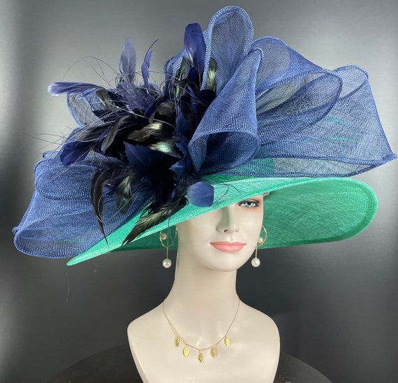 Women\'s Kentucky Hat Wide Brim Green Blue Womens Derby Hat, Spring Green ladies hat, Kentucky Derby  main image 2