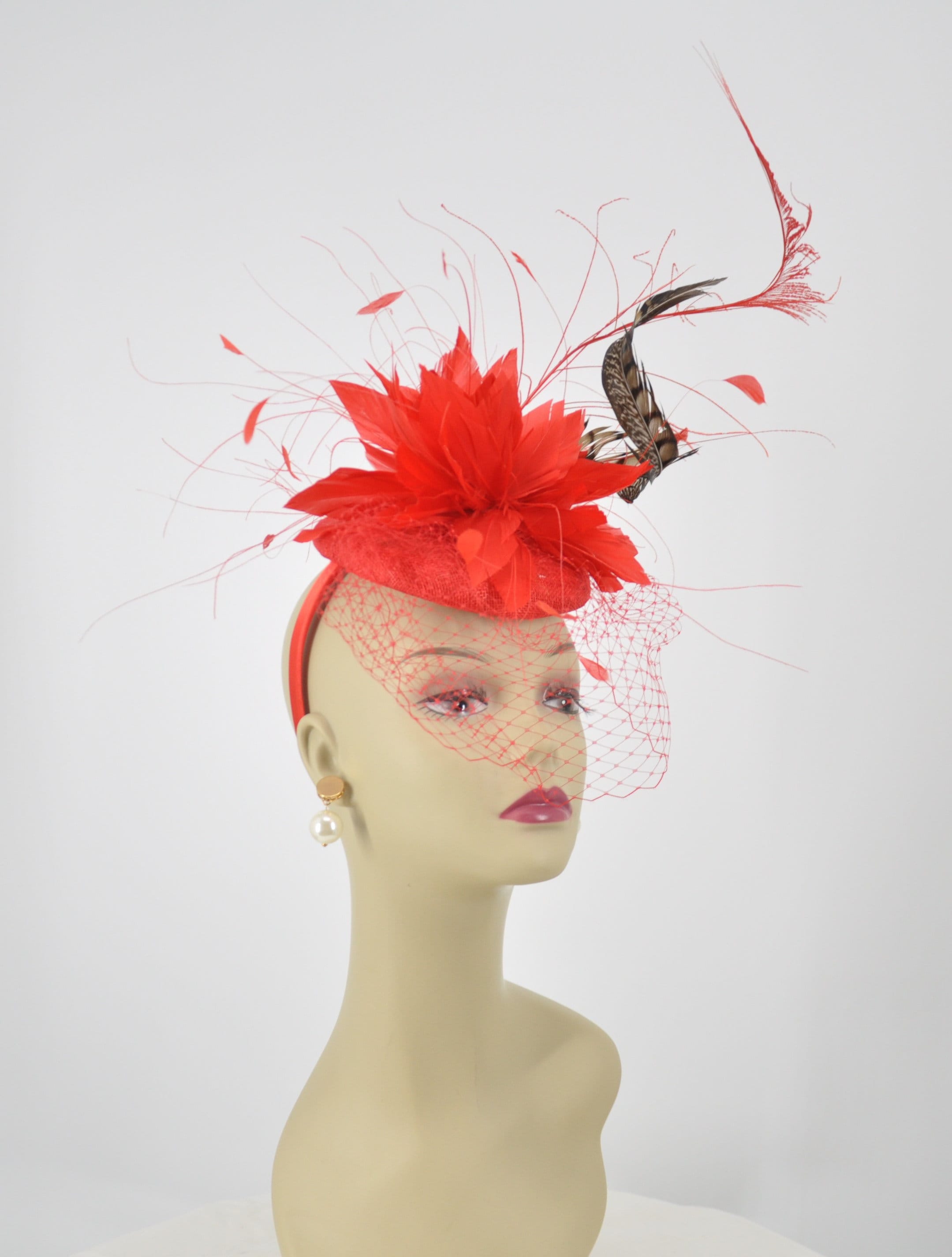Red Sinamay Fascinator Hat, Feather Flower, Jumbo Netting - Etsy