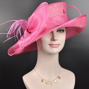 Fancy Medium Brim Kentucky Derby Hat with Flowers  Millinery Church Carriage Tea Party Wedding  Hat Hot Pink/ Fuchsia 2