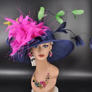 Navy Blue w Fuchsia Pink Green Yellow White Feather Flower Wide Brim Sinamay Hat, Kentucky Derby Hat, Church hat, Tea Party Hat, Fashion Hat