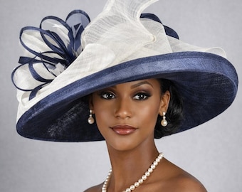 Wide Brim Sinamay  Hat for Kentucky Derby, Ascot Racing Hat, Elegant Wedding Guest Hat, Mother of the Bride Hat Navy Blue w White