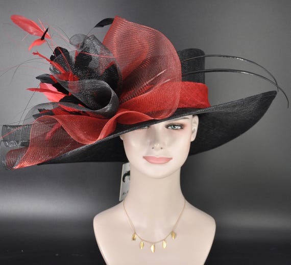 New Wide Brim Red Floral Derby Hat – KY Oaks, Garden Tea Party, Race Day Ready Wide Brim Derby Hat: White, Red Rose & Peacock Feathers  main image 2