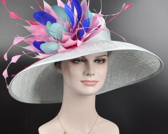 Powder Blue w Fuchsia Hot Pink  Pink Turquosie Feather Flower Kentucky Derby Hat Tea Party Carriage Party  Royal AscotWide Brim  Sinamay Hat