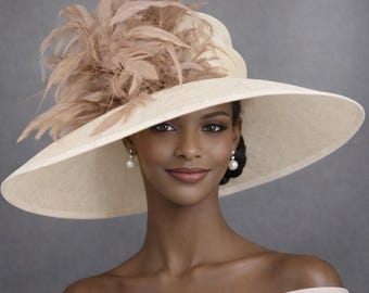 Wide Brim Kentucky Derby Hat, Ascot Hat for Wedding & Tea Party, Garden Party Hat, Mother of the Bride, Church Ivory Off White Taupe