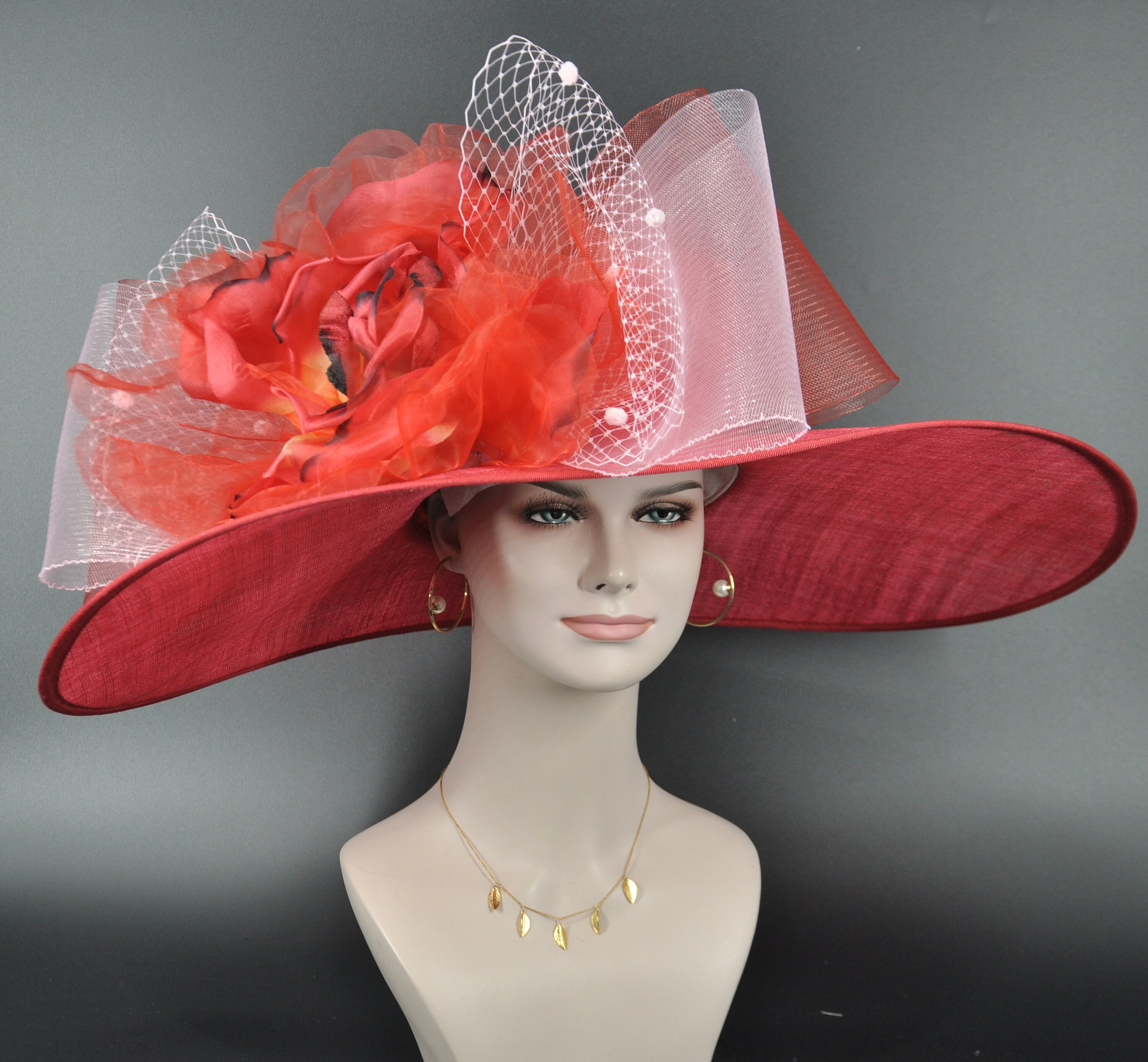Crown of Glory Red Wide Brim Derby Church Hat SD17( White + More colors options )Kentucky Derby Hat  main image 4