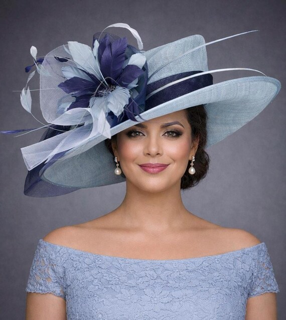 Powder Blue Navy Blue Wide Brim Kentucky Derby Hat, Ascot  display picture 1