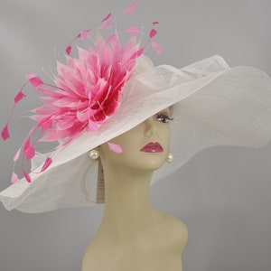 White w Fuchsia Hot Pink Pink Feather Flower Wide Brim Sinamay Hat Kentucky Derby Hat, Church  Wedding Hat, Easter Hat