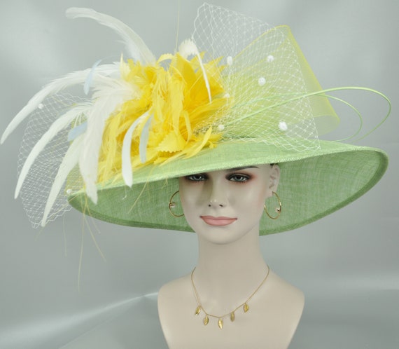 Green Yellow White Wide Brim Kentucky Derby Hat, Ascot Hat  display picture 2
