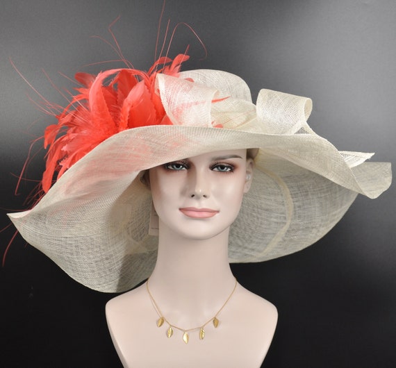 Cream Wide Brim Hat with Feather Accent Ivory White Wide Brim Sinamay Derby Hat(g10): Feather Flower  main image 2